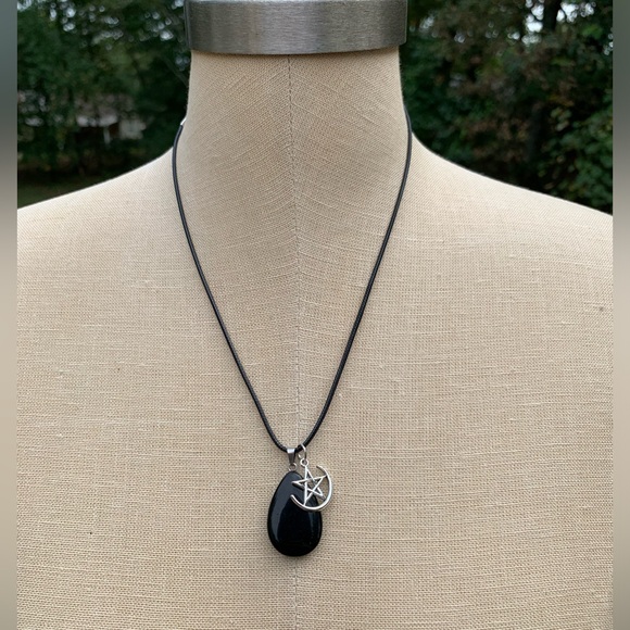 Handmade Obsidian Teardrop Stone Amulet with Pentagram Star and Moon Charm - Picture 6 of 7